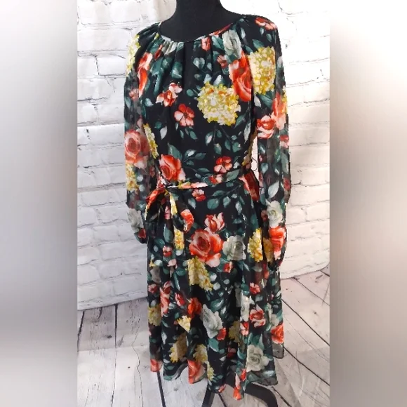 Tahari ASL Floral Velvet Silhouette Chiffon OverlayDress Red Yellow Bloom Black - Picture 1 of 14
